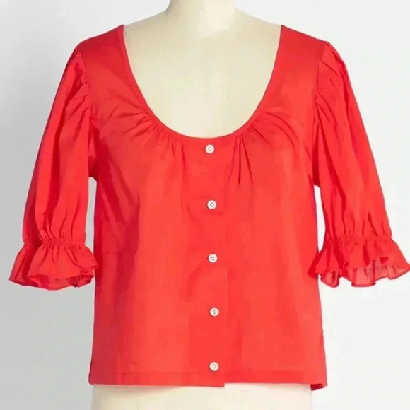 Vintage-Inspired Candy Red Puff Sleeve‎ Button-Up Blouse, size M - Picture 1 of 4